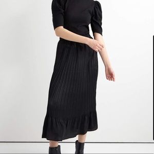Pleated Black Satin Midi Skirt